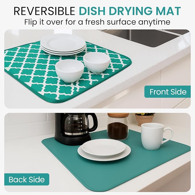Dish Drying Mat for Kitchen Counter, Large 18 x 14 Absorbent Microfiber Pad | Machine Washable Quick Dry Kitchen Mat, Reversible Under Dish Rack Pad, Counter Protector for Dishes Pots Pans, Coffee Bar