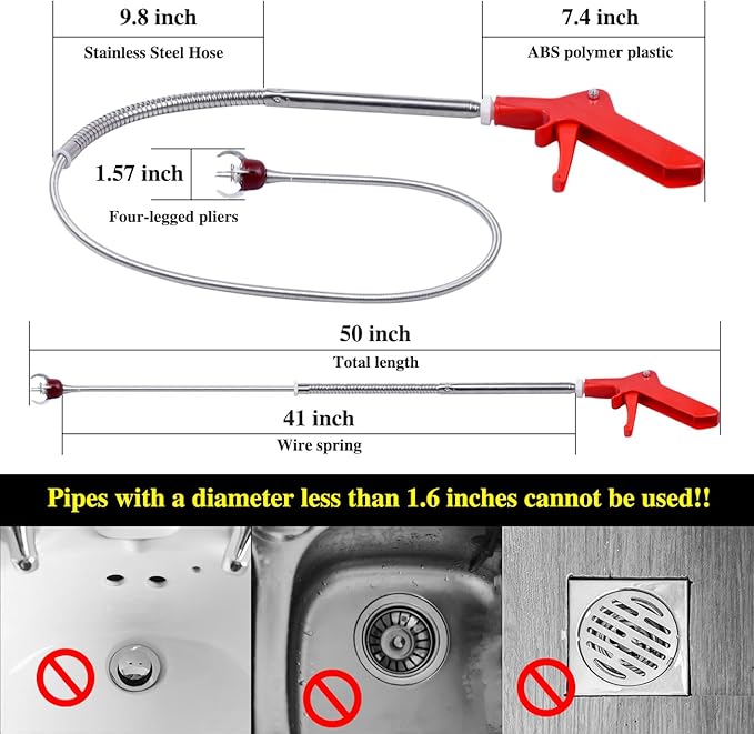 50 Inch Toilet Snake Drain Auger Cleaner Tool, Upgraded Grabber Unclogger Tool, Toilet Auger Clog Remover Tool, Stainless Steel Telescoping Rod for Pick/Grab Objects Clogged in Toilet Pipes/Drain