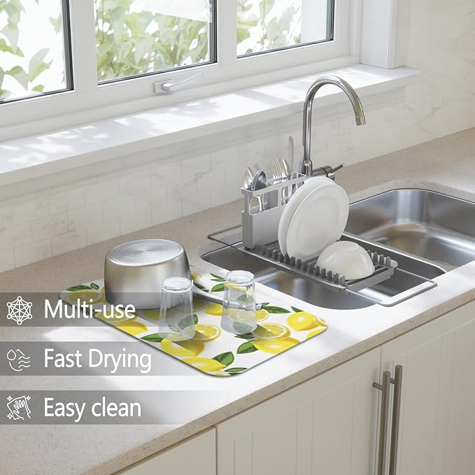 Dish Drying Mat 2-Pack in Yellow Lemon for Kitchen Counter Dishes Mat | Diatom Mud Mats (18x24, 19.5x12"). Non-slip rubber back for kitchen counter, coffee bar & sink scenes