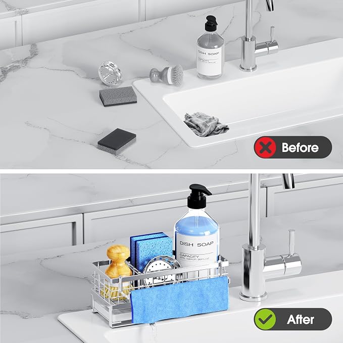 Kitchen Sink Sponge Holder - Self-Draining, Detachable Dish Cloth Holder, Rustproof Kitchen Countertop Organizer (Stainless Steel)