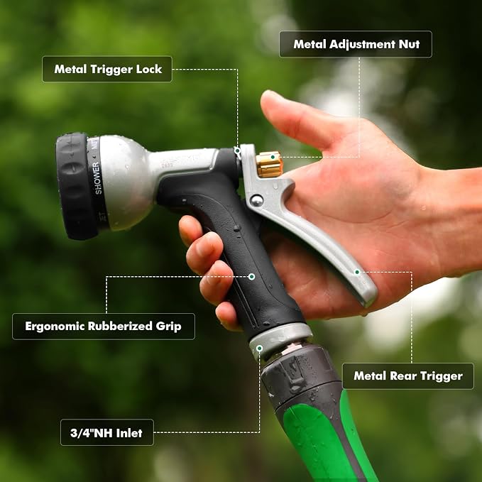 RESTMO Garden Hose Nozzle Heavy Duty, Rear Trigger Water Sprayer, Black | 7 Adjustable Spray Patterns, Durable Metal, Flow Control, Ideal for Plants & Lawns Watering, Cars & Pets Washing