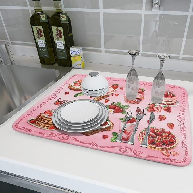 Strawberry Dish Drying Rack Mat Pink Absorbent Microfiber Dish Drying Mat for Kitchen Counter 18x24 In