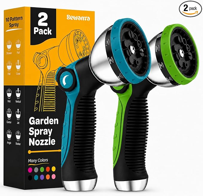 Hose Nozzle [2 Pack] Heavy Duty Hose Sprayer With 10 Adjustable Watering Patterns. Thumb Control Design, Comfortable Ergonomic Grip, Garden Hose Nozzle for Watering Plants & Lawns/Fun showers/Cleaning