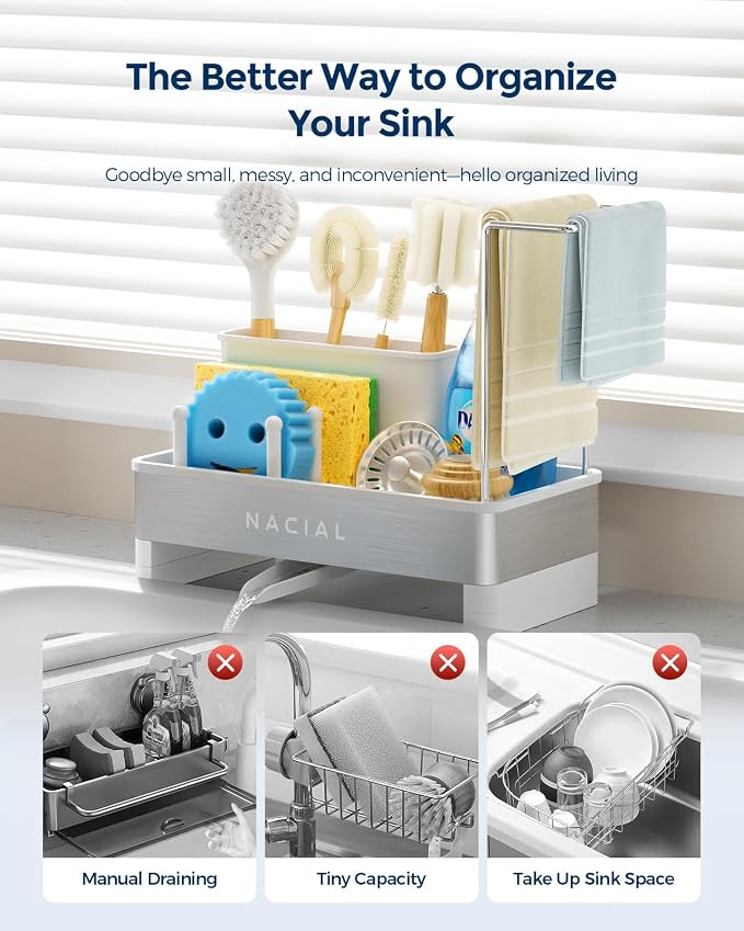 Nacial Sponge Holder for Kitchen Sink, Sink Caddy Organizer with High Brush Holder & Two Towel Racks - Rustproof 304 Stainless Steel Kitchen Countertop Storage Essentials - White