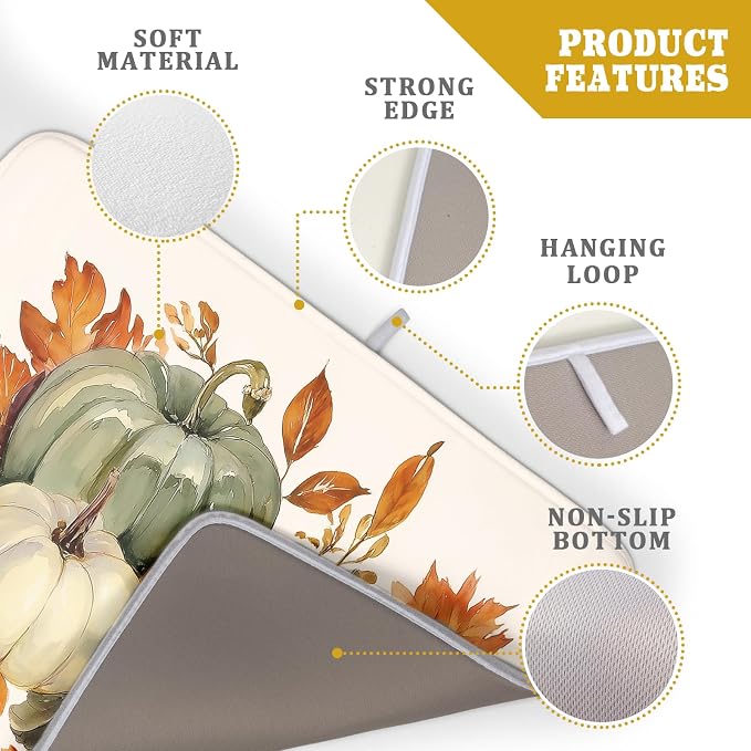 Giwawa Fall Pumpkin Dish Drying Mat Autumn Leaves Absorbent Dishes Pad 18x24 Inch Seasonal Microfiber Dish Drainer Rack Mat for Kitchen Countertop