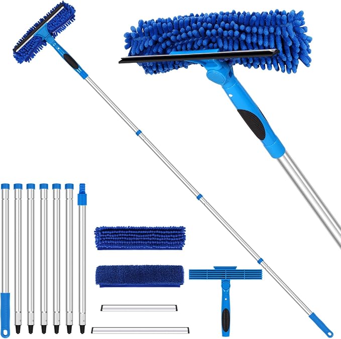 109" Window Cleaning Squeegee Kit, Professional 2 in 1 Squeegee Window Cleaner with Extension Pole, Window Washing Kit with 2 Blade 2 Pads for Indoor & Outdoor High Windows Car Glass