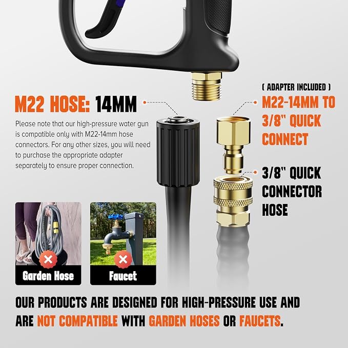 Short Pressure Washer Gun, 4000 PIS Power Washer Gun Car Washing | Stubby High Pressure Washer Gun, M22-14mm, 3/8" Male Plug, 1/4" Quick Connect, 5 Spray Nozzle, Car Wash Gun for Foam Cannon