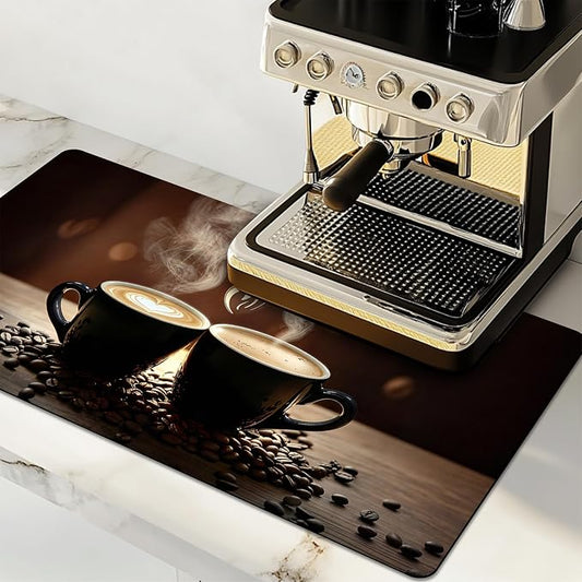 Dish Drying Mat Large Coffee Mat Absorbent Drying Mat for Kitchen Counter Coffee Bar Accessories 32"x 17", Latte Cups 3