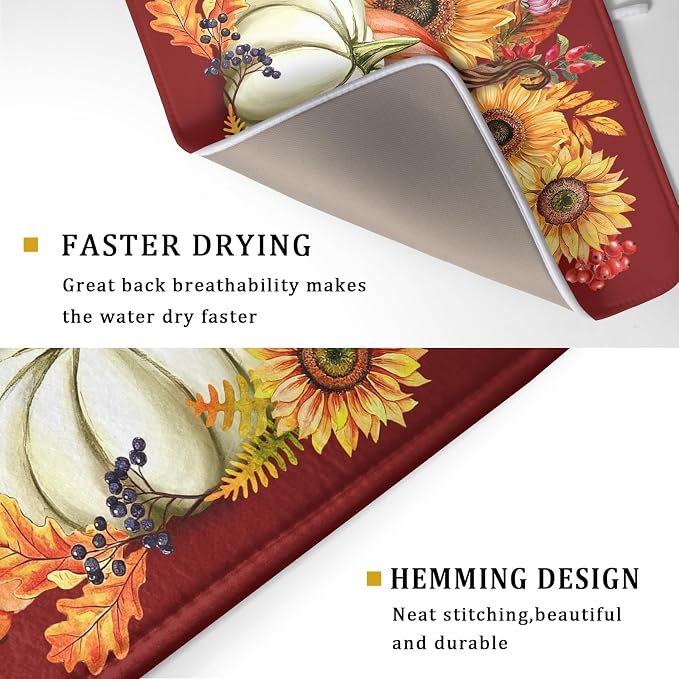 Fall Dish Drying Mat for Kitchen Counter Autumn Pumpkin Sunflowers Thanksgiving Microfiber Absorbent Dish Draining Reusable Washable Foldable Extra Large 18"x24"