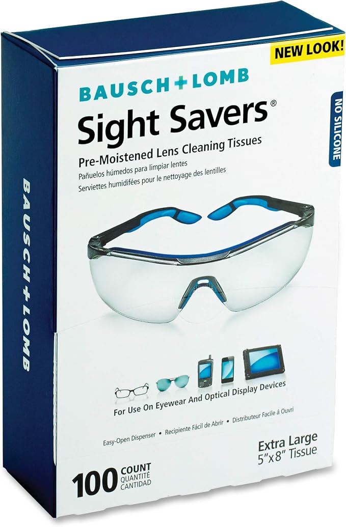 Bausch & Lomb Sight SaversLens Cleaning Wipes - Pre-Moistened Tissues, Anti-Fog and Anti-Static - Cleans Glass and Plastic, 100 Count (Pack of 2)
