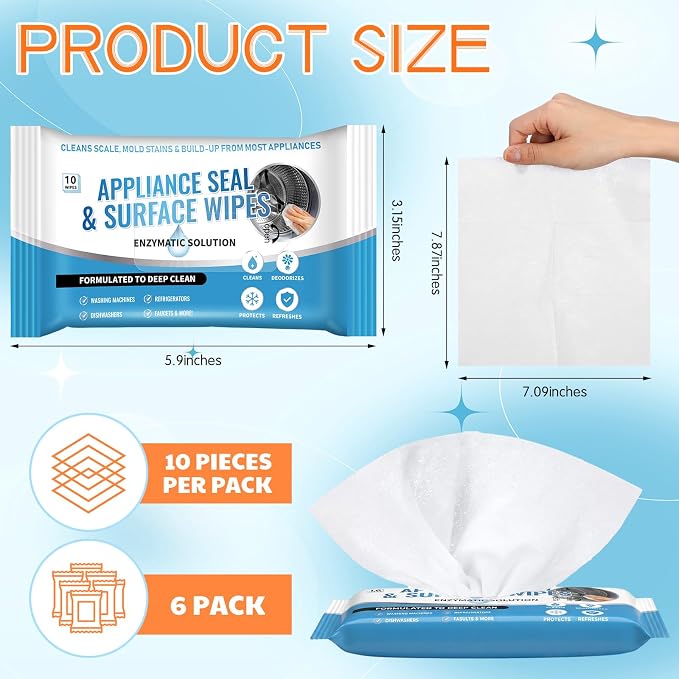 6 Pack 60 Pcs Home Appliance Surface Cleaner Wipes Heavy Duty Wipes for Cleaning Front Loading Washing Machine, Dryer Stainless Steel Refrigerator, Glass Cooktop, Microwave, Dishwasher, Counter