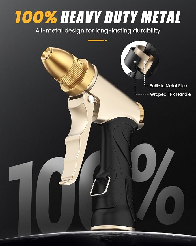 RAINPOINT Garden Hose Nozzle, Upgraded Heavy Duty Metal Spray Nozzle, High Pressure Water Nozzle with Adjustable Spray Patterns for Watering Plants, Car Washing, and Pet Showering