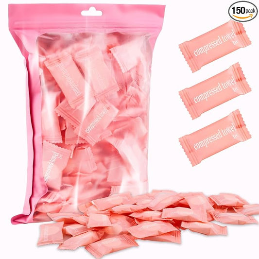 150Pcs Compressed Towel Tablets, Portable Mini Compressed Towels, Disposable Face Towel Washcloths for Travel, Beauty, Home Hand Wipes, Camping, Hiking, Outdoor Activities,Individually Wrapped MEQHUO
