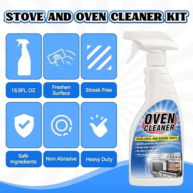 Heavy Duty Stove and Oven Cleaner Kit, Includes Cleaning Tool, Razor, Scraper and 1 Pad to Remove Tough Stains - Use on Gas, Electric, Ceramic Surfaces, 4 Piece (16.9, Fluid Ounces)