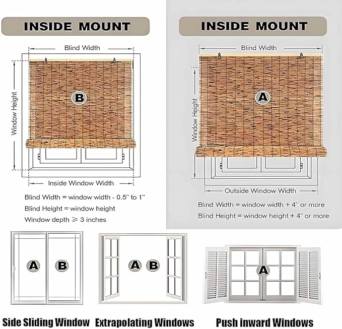 Bamboo Blinds and Roller Shades for Indoor Windows Cordless Natural Light Filtering Roll Up Roman Shades for Outdoor Patio Porch Pergola, Easy Install Privacy Screen Window Blinds(16" W x 64" H)
