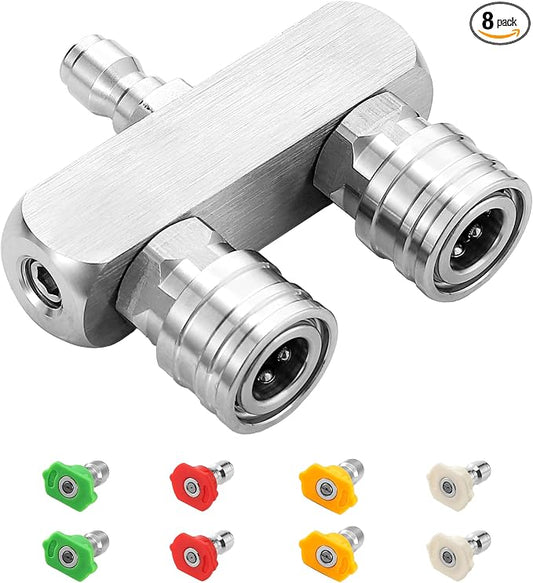 2-in-1 Pressure Washer Tips, 8 Nozzles, 1/4" Quick Connect | Dual Nozzle Body with 0°/15°/25°/40° Spray Tips for Cars, Driveways, Patios, and Suitable Hard-Surface Rinsing