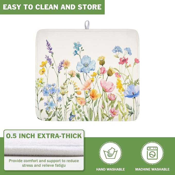 Botanical Floral Dish Drying Mat for Kitchen Counter 16x18 Inch | Wildflower，Polyester，Absorbent Microfiber，for Kitchen Coffee Dining Bar Decor