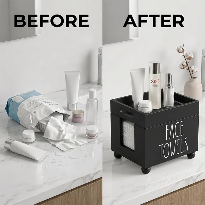 Disposable Face Towel Holder, Wooden Facial Towels Dispenser, Clean Towel XL Box for Bathroom Countertop, Open-Top Cleansing Wipes Organizer for Vanity, Rustic Skincare Storage (Black)