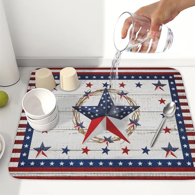 4th of July Patriotic Dish Drying Mat for Kitchen Counter Vintage Red and Blue Star Microfiber Dish Drainer Mat Country Absorbent Washable Drying Pad 16"x18"