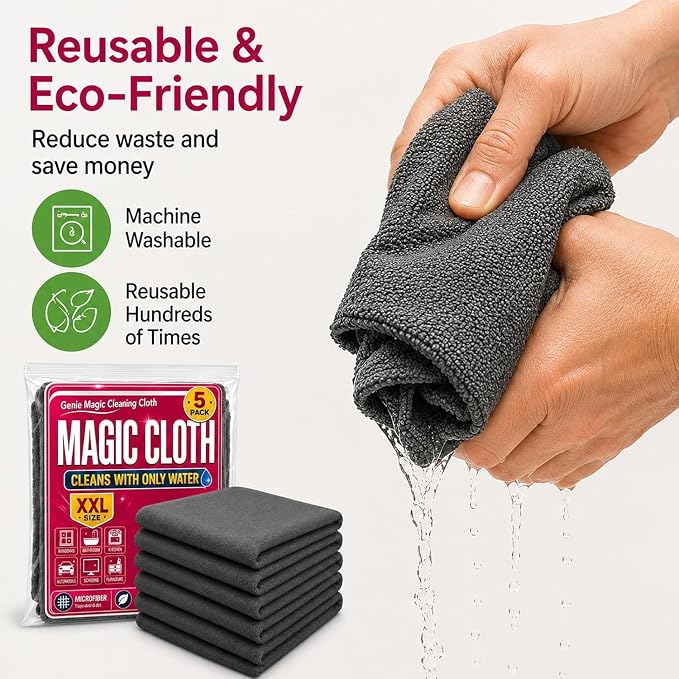 Magic Cleaning Cloth 5-Pack, Microfiber Cleaning Cloths 16x12 Inch, Lint Free Reusable Cleaning Rags for Glass, Window, Kitchen, Stainless Steel, Cars & Screens，5PCS