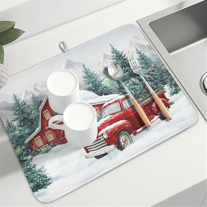 Winter Snowscape Dish Drying Mat for Kitchen Counter Christmas Red Truck Trees Dish Drainer Mat Xmas Holiday Rustic Farmhouse Absorbent Washable Drying Pad 18"x24"