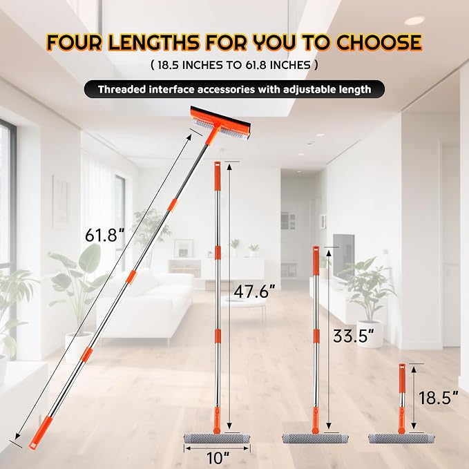2-in-1 Window Squeegee with 62" Pole — Streak-Free & Sponge Scrubber | No ladder for high windows, skylights, shower doors, car & RV windshields, tile. Orange. Stainless pole sponge scrubber.
