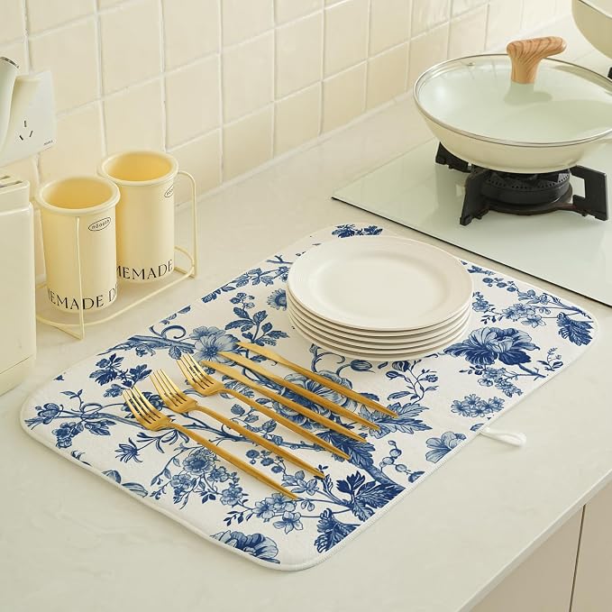 Vintage Blue Dish Drying Mat 18x24 Inch Chinoiserie Navy Blue Floral Drying Mat Flower Spring Summer Seasonal Absorbent Dish Drying Pad Dish Rack Drainer Mats for Kitchen Dining Counter