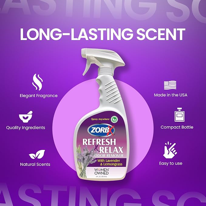 ZORBX Lavender & Lemongrass Spray, 24 Oz - All-Purpose Deodorizer, Refreshes Fabric, Removes Strong Odors, Perfect for Home, Car, Gym, Laundry | All-Purpose Air Freshener/Deodorizer & Fabric Spray for Home, Car, Gym, Laundry, Shoes & Carpet Deodorizing