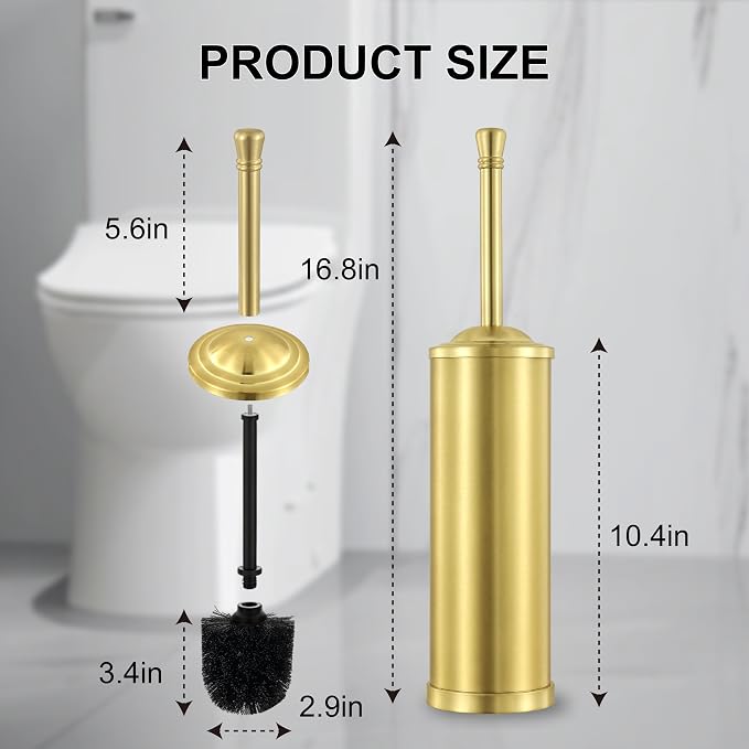 Stainless Steel Toilet Brush and Holder Set,Extra Long Handled Toilet Brush for Bathroom,Heavy Duty Toilet Bowl Brush,Modern Toilet Cleaner Brush, Splash Protection,Deep Cleaning (Gold)