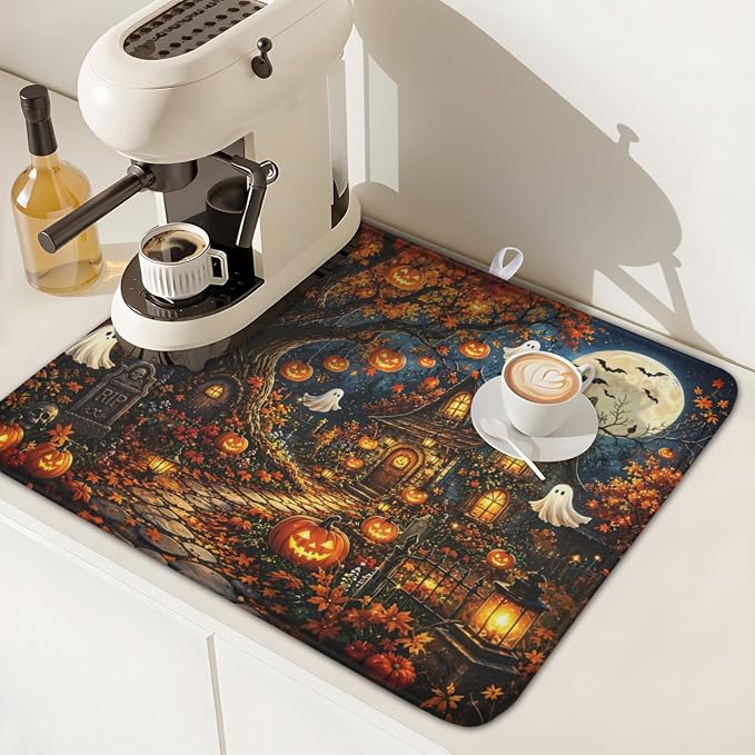 Halloween Dish Drying Mat for Kitchen Counter Seasonal Holiday Fall Spooky Pumpkin Ghost Microfiber Dish Drainer Mat Vintage Rustic Absorbent Washable Drying Pad 16"x18"