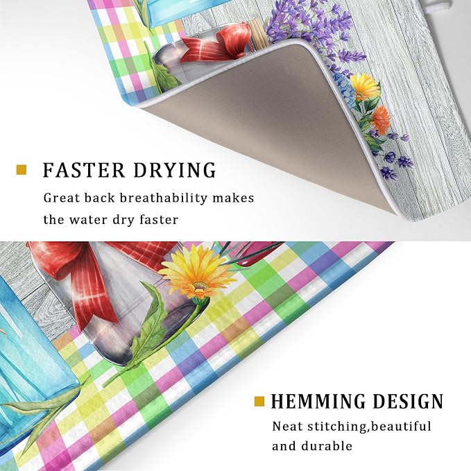 Kawani Spring Summer Flowers Dish Drying Mat for Kitchen Counter 16"x18" Spring Floral Jars Drying Mat Soft Absorbent Microfiber Farmhouse Colorful Floral Dish Drainer Rack Mats for Counter tops
