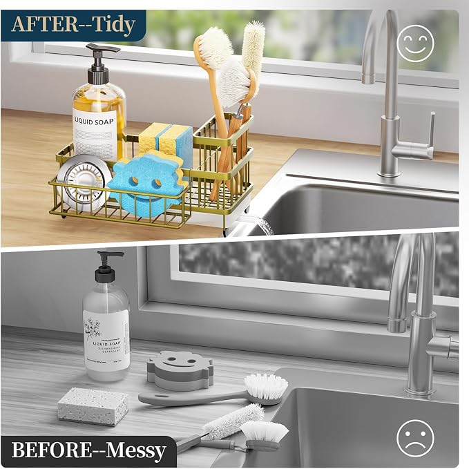 Consumest Sponge Holder for Kitchen Sink - Auto Draining Sink Caddy Organizer with Detachable Rack, High Brush Holder, Kitchen Countertop Storage Accessories, Light Gold