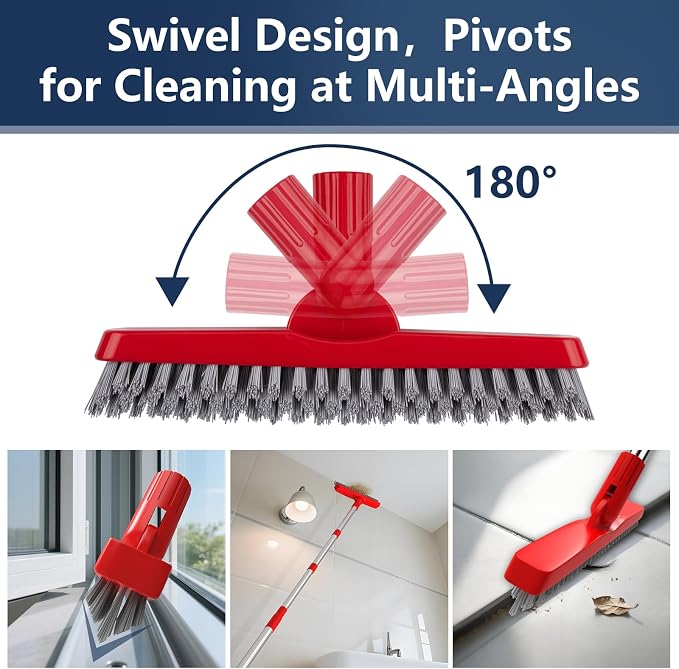 2 Pack Grout Brush with Long Handle, Swivel Cleaning Grout Line Scrubber - Extendable Durable Handle Grout Cleaner Brush for Bathroom,Tile,Baseboard,Walk in Shower,Corner & Narrow Space (Red)