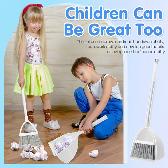 Roshtia 4 Pcs Mini Broom with Dustpan for Kids Broom and Dustpan Set Toddler Cleaning Set Boys Girls Small Cleaning for Kitchen Bathroom Pet (Yellow,Red,Green,Hoary)