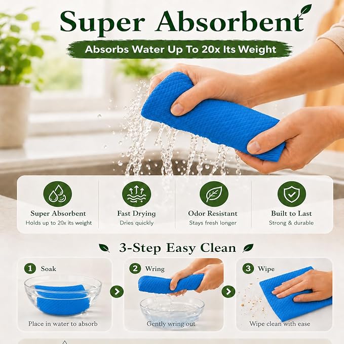 10 PCS Swedish Dishcloths for Kitchen Multicolor, German Cellulose 70% Cellulose 30% Cotton, Ultra Absorbent Reusable Eco Friendly Cleaning Cloth, 100% Biodegradable Paper Towel Alternative, Odor Free