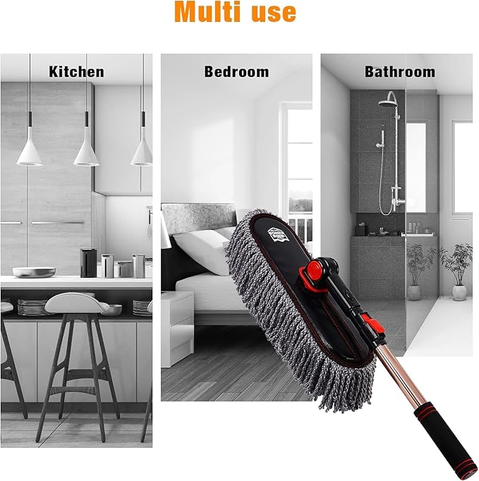 Exterior Car Duster & Brush Kit - Washable Microfiber | Extendable auto mop sweeps pollen scratch-free. Combo with inside detailing tools. Reusable for SUV, truck, RV & home use.