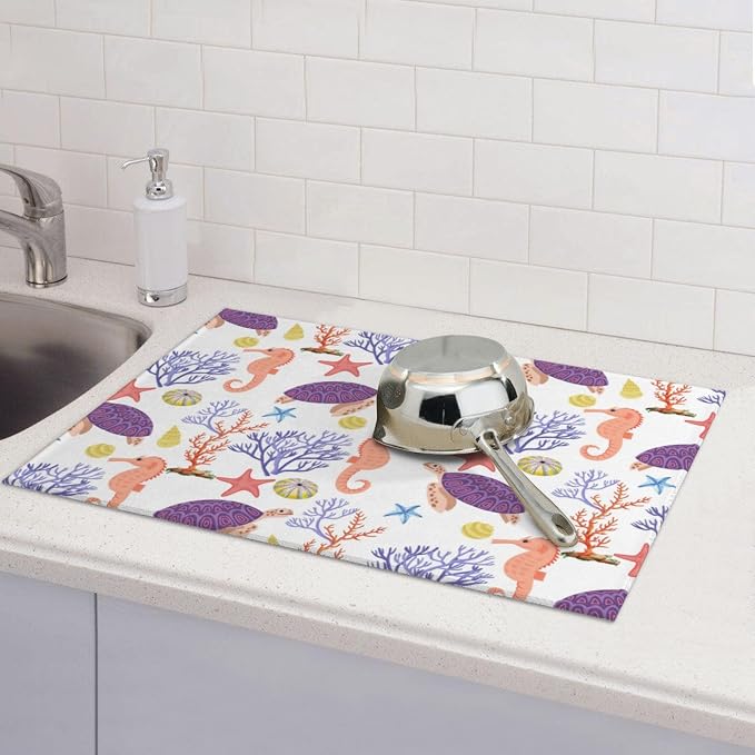 Purple Beach Sea Turtle Dish Drying Mat For Kitchen Counter, Super Absorbent Microfiber Dish Drying Pad, Kitchen Gadgets For Easy Clean Multi-Use Large 18"x24"