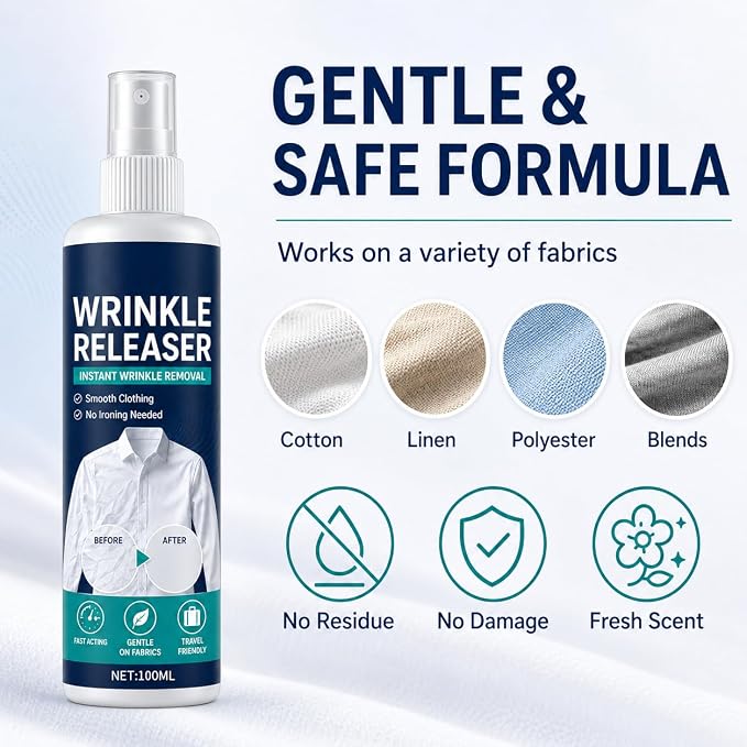 Wrinkle Release Spray Travel Size, Travel Wrinkle Release Spray, No Iron Needed, Fabric Freshener, Anti‑Static, 3.38oz Leak‑Proof Bottle for Clothes, Linens & Upholstery (2pcs)
