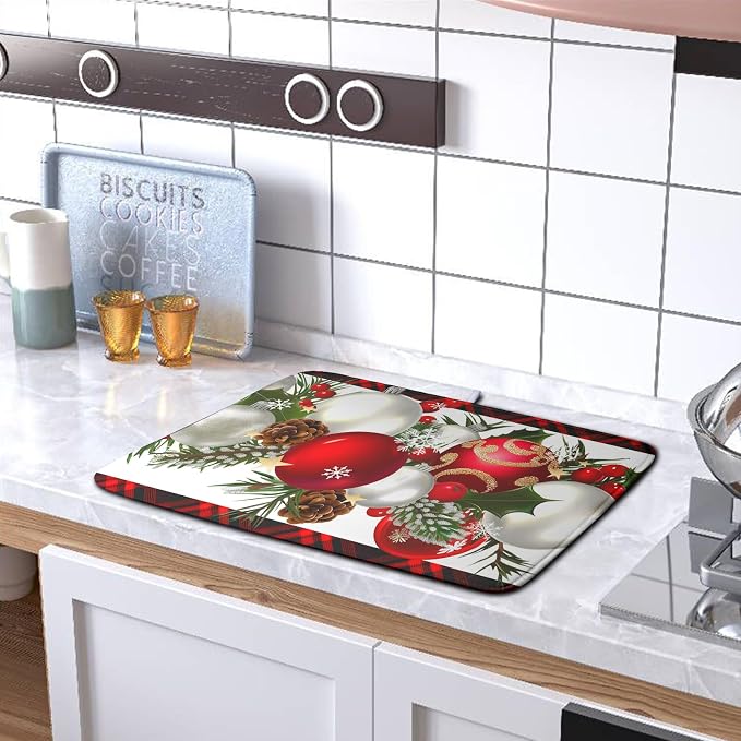 Christmas Red Buffalo Plaid Dish Drying Mat for Kitchen Counter 16x18 Inch Winter Xmas Ball Snowflake Pine Cones Dishes Drying Mat Microfibe Super Absorbent Dish Rack Pad for Coffee Bar Sinks