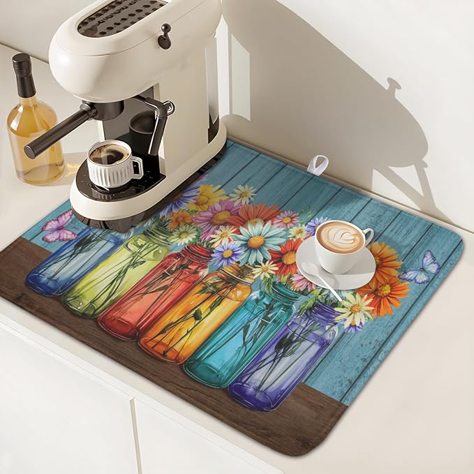 Vintage Floral Dish Drying Mat for Kitchen Counter Rustic Flower Vases Wooden Board Microfiber Dish Drainer Mat Spring Summer Absorbent Washable Drying Pad 16"x18"