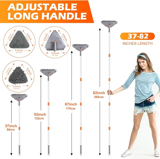 RONSUNG Wall Cleaner Mop, 82-Inch Handle, Baseboard Cleaner Tool, 4 Pads | Wall scrubber with long handle, triangle head, squeegee, and 4 pads for walls, ceilings, windows, baseboards, and floors