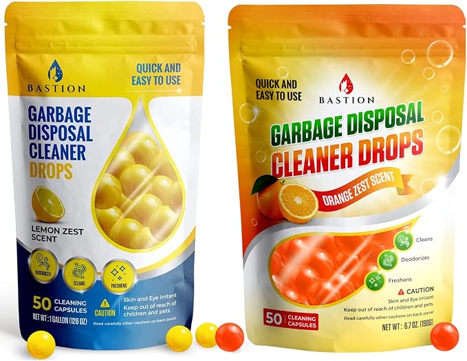 Garbage Disposal Cleaner and Deodorizer Drops Bundle -Orange & Lemon Scented Kitchen Sink Freshener Pods & Drain Odor Eliminator Disposer Care Balls by Bastion