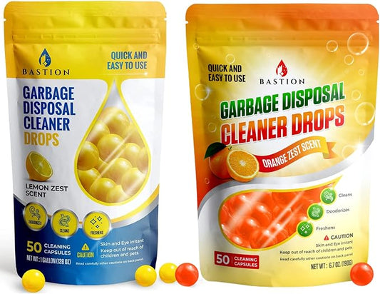 Garbage Disposal Cleaner and Deodorizer Drops Bundle -Orange & Lemon Scented Kitchen Sink Freshener Pods & Drain Odor Eliminator Disposer Care Balls by Bastion