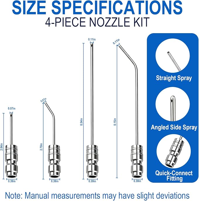 Pressure Washer Needle Nozzle Kit,4 Pack Stainless Steel Flush Wand Tips | 1/4-Inch Quick-Connect Side-Spray Nozzles, for Cleaning Car Crevices, Tires, Door Jambs, Washing Machines AC Coils