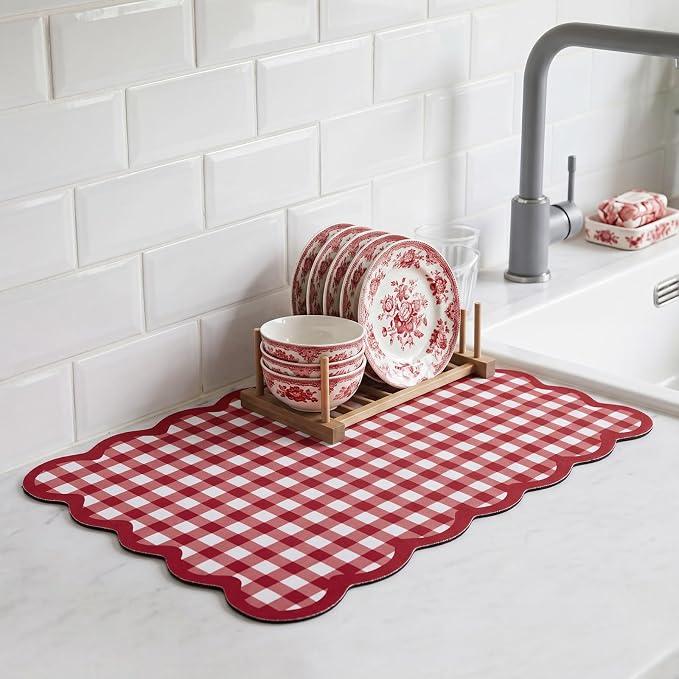 Scalloped Gingham Coffee Mat 12" x 20" Absorbent Coffee Bar Mat Gingham Espresso Matt for Counter(Red)