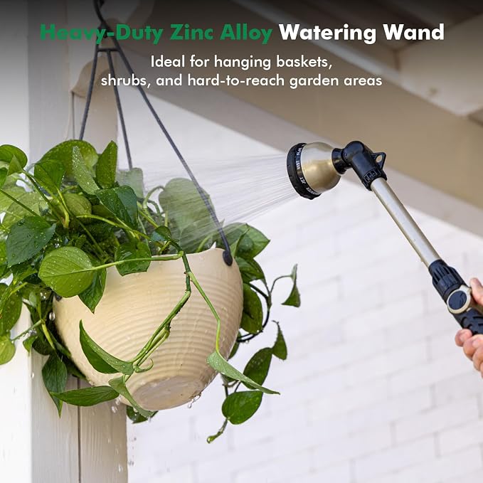 RESTMO Heavy Duty Watering Wand, Metal Garden Hose Nozze Sprayer | 180° Swivel Ratcheting Head, 18-Inch Hose Wand with 10 Spray Patterns & Flow Control, Ideal for Hanging Baskets & Shrubs