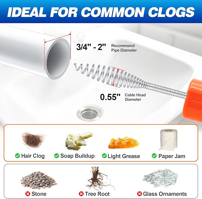 Drainsoon Auto Feed Drain Auger with Drill Adapter, 33 Feet Drain Snake Hair Clog Remover, Manual or Powered Plumbing Snake Drain Cleaner for Bathroom, Shower, Kitchen Sink, Comes with Gloves