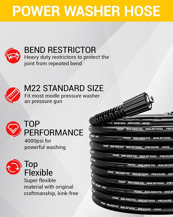 25ft Pressue Washer Hose 4000 PSI,M22 Replacement Power Washing Hose | Kit M22 14mm to 3/8'' Quick Connect & M22 Extension Adapter, No Kink 1/4'' ID Powerful Cleaning Hose for Car Garden Yard