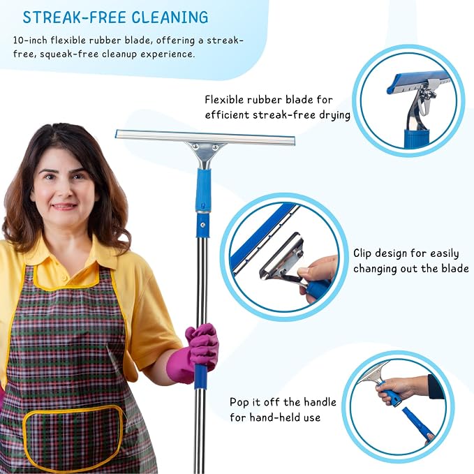 Window Squeegee with Scrubber for Home and Outdoor Glasses Cleaning, 6 Ft Long Handle 2 in 1 Professional Window Washing Kit with Replacement Rubber Blade, Car Windshield Cleaner Tool