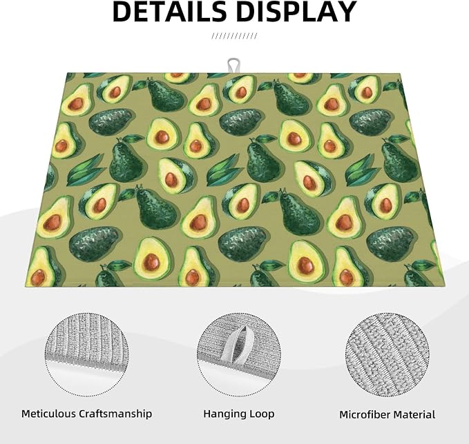 Green Avocado Dish Drying Mat For Kitchen Counter, Super Absorbent Microfiber Dish Drying Pad, Kitchen Gadgets For Easy Clean Multi-Use Large 18"x24"